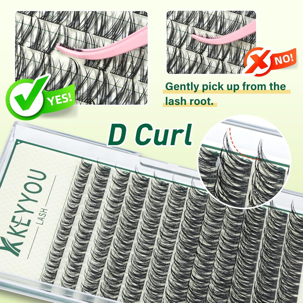 KEYYOULASH Lash Clusters Manga Lash Extension D Curl 144pcs 8-18mm Wispy Eyelash Clusters Natural Volume Eyelash Extensions Individual Lashes DIY at Home(KY03,D-8-18MIX)