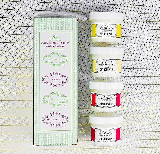 Body Whip Gift Set – 4 Scented Soy Body Cream Minis (2 oz Each) in Citrus, Crema, Poppy & Red Orchid – Hydrating, Formula with Vitamin C & Coconut Oil – Made in USA