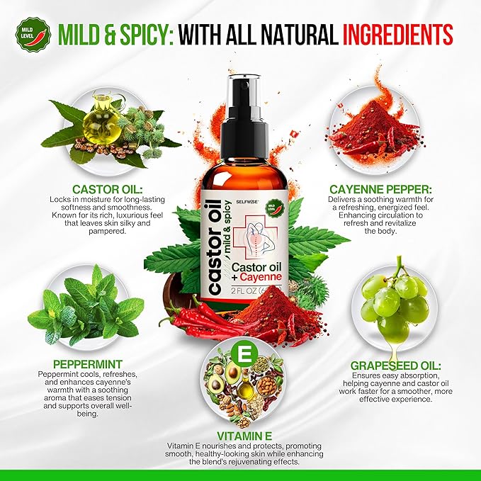 Organic Castor Cayenne Muscle & Body Oil - Mild & Spicy - Lightweight Fast Absorbing Oil for Skin, Body, Belly, Muscles, Large Areas for Everyday Relaxation 2oz