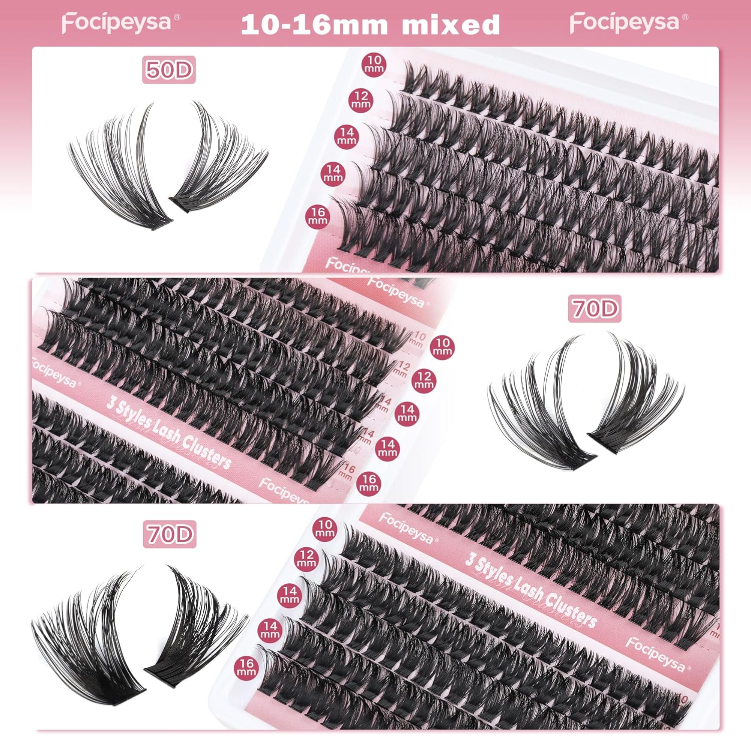 Focipeysa Eyelash Extension Kit 300pcs Lash Extensions 50D 70D 90D Eyelash Extension Full Volume Lash Clusters 10-16mm DIY Lash Extension with Waterproof Lash Bond and Seal for Makeup