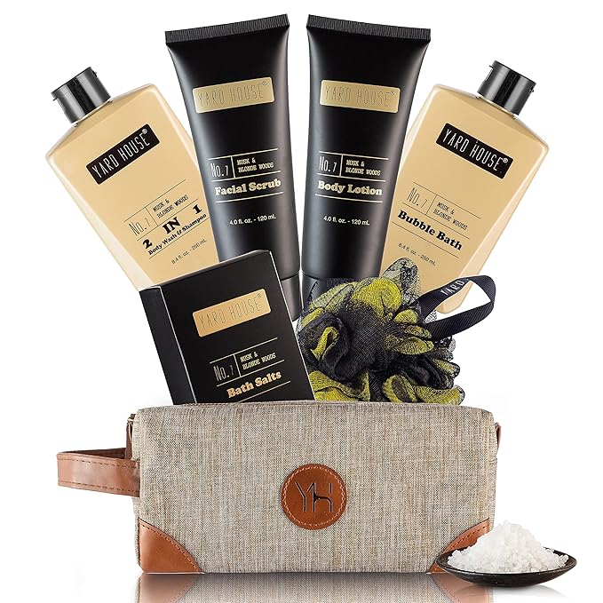 Mens Bath and Body Gift Set - Musk and Blonde Woods - Luxury Christmas, Birthday, Fathers Day Gifts From Daughter, Wife, Son For Dad, Husband - Relaxing Spa Kit for Him in Toiletry Bag