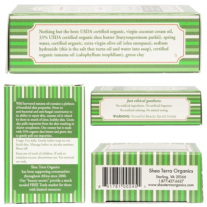 Shea Terra Organics Tamanu & Green Clay Purifying Facial Cleansing Soap | Anti-Aging Blemish Reduction Wonder Soap | All Skin Types - 4 oz