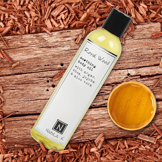 Royal Wood (Marigold & Sandalwood Scent) Body Oil, 9 oz Moisturize & Nourish with Argan & Coconut Oil - Vitamin C Enriched - Naturally Derived, Vegan-Friendly